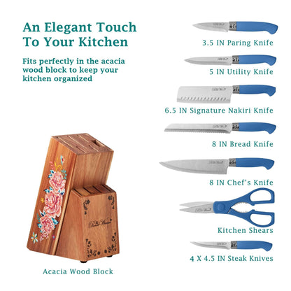 The Pioneer Woman Breezy Blossoms 11-Piece Stainless Steel Knife Block Set, Teal