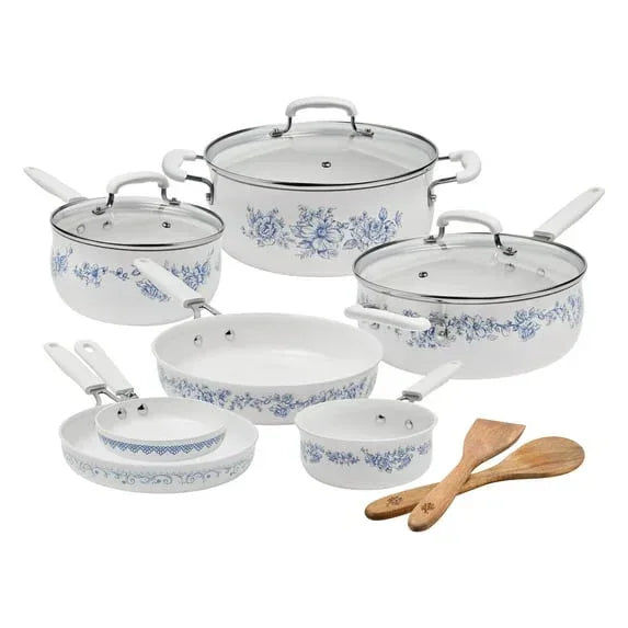 The Pioneer Woman 12-Piece Classic Ceramic Cookware Set, Agatha Blue