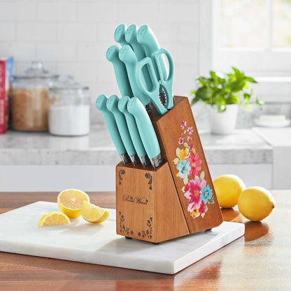 The Pioneer Woman Breezy Blossoms 11-Piece Stainless Steel Knife Block Set, Teal