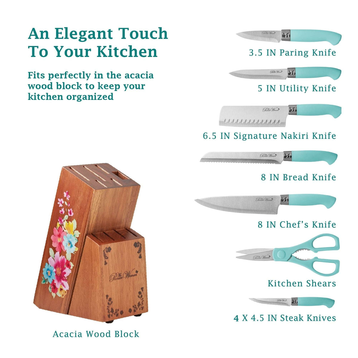 The Pioneer Woman Breezy Blossoms 11-Piece Stainless Steel Knife Block Set, Teal