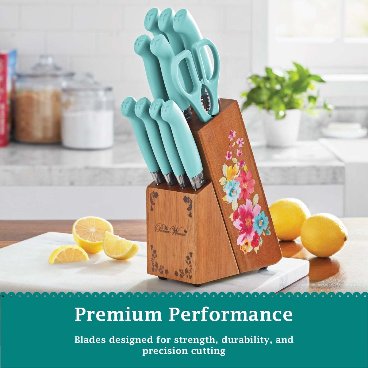 The Pioneer Woman Breezy Blossoms 11-Piece Stainless Steel Knife Block Set, Teal
