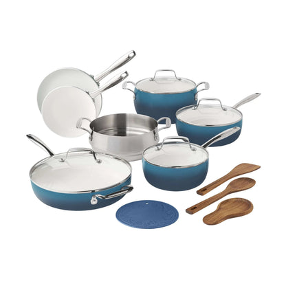 The Pioneer Woman Harlow 15-Piece Cookware Set, Ceramic Non-Stick Pots and Pans Set, Denim Blue