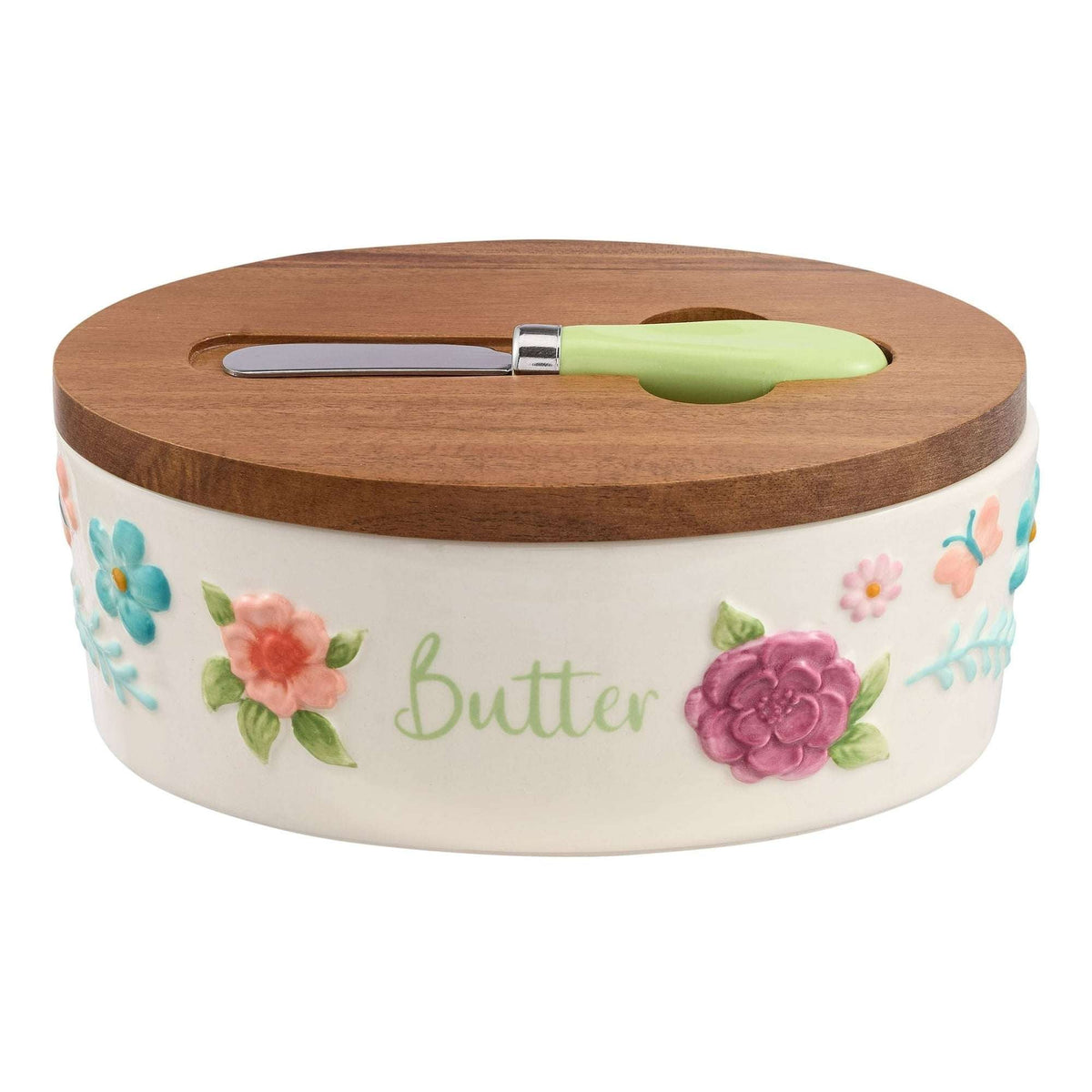 The Pioneer Woman Ceramic Painted Meadow Butter Dish with Acacia Wood Lid and Serving Knife, Best Used for Everyday Kitchen Organization