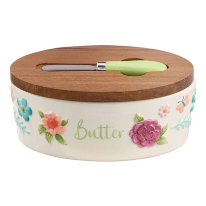 The Pioneer Woman Ceramic Painted Meadow Butter Dish with Acacia Wood Lid and Serving Knife, Best Used for Everyday Kitchen Organization