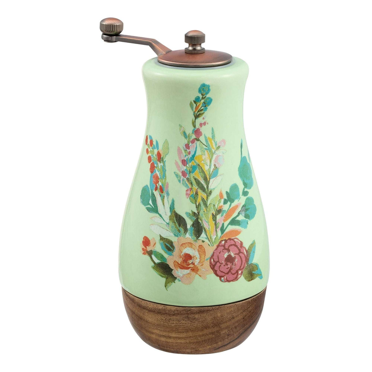 The Pioneer Woman Ceramic Painted Meadow Pepper Mill with Metal Grinder and Acacia Wood Base, A Practical Choice for Seasoning Storage and Serving