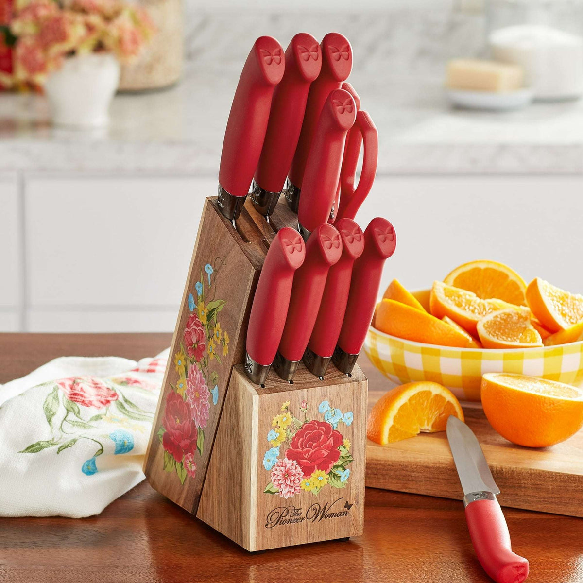 The Pioneer Woman Breezy Blossoms 11-Piece Stainless Steel Knife Block Set, Teal