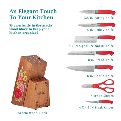 The Pioneer Woman Breezy Blossoms 11-Piece Stainless Steel Knife Block Set, Teal
