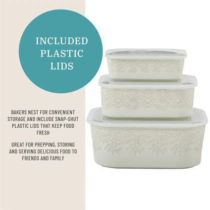 The Pioneer Woman Vintage Lace 6-Piece Nesting Casserole Baking Dish Bakeware Set with Lids, Linen