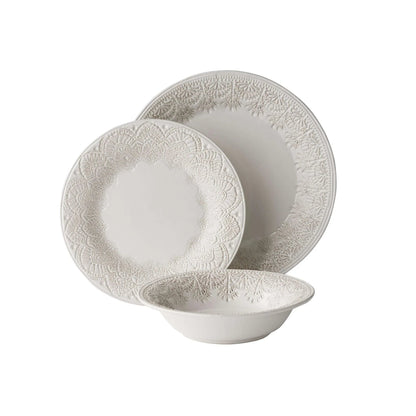 The Pioneer Woman Vintage Lace 12-Piece Ceramic Dinnerware Set, Caramel