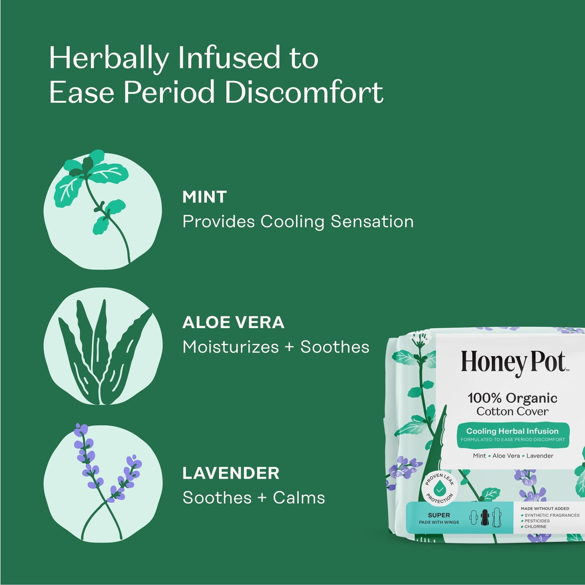 The Honey Pot Company, Herbal Super Pads with Wings, Organic Cotton Cover, 16 ct. (PACK OF 3 )
