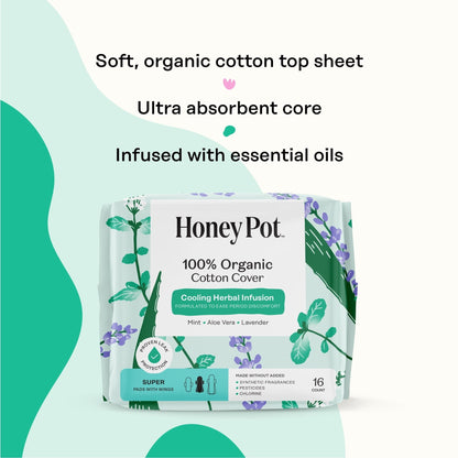 The Honey Pot Company, Herbal Super Pads with Wings, Organic Cotton Cover, 16 ct. (PACK OF 3 )