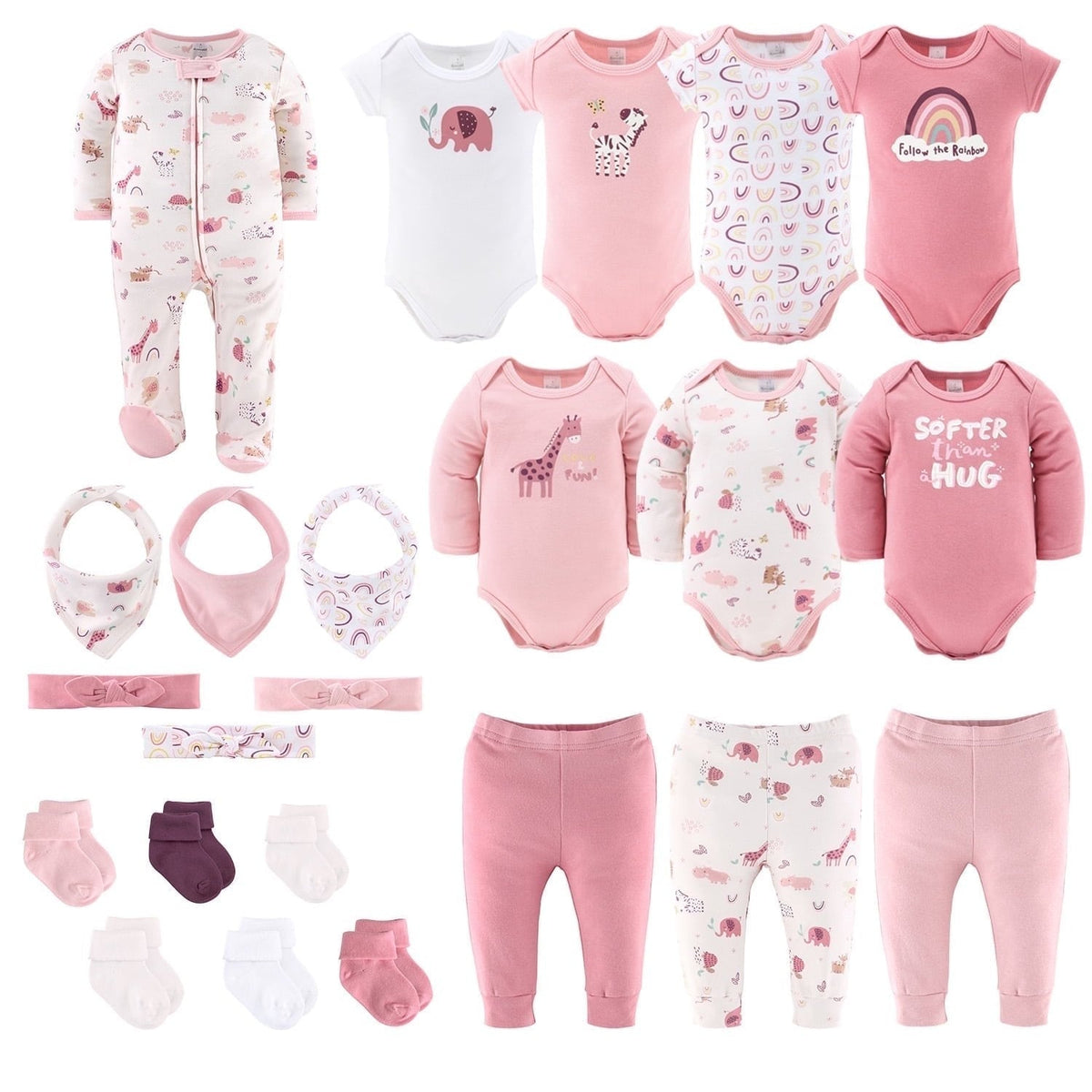 The Peanutshell Layette Gift Set for Baby Girls, 23 Essential Pieces, Pink Rainbow Safari Animals