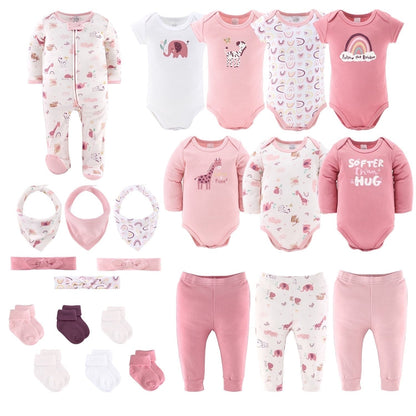 The Peanutshell Layette Gift Set for Baby Girls, 23 Essential Pieces, Pink Rainbow Safari Animals