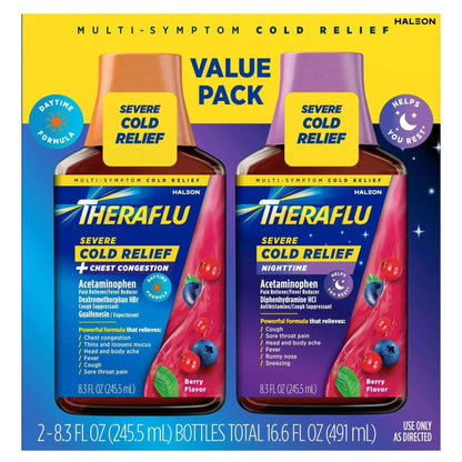Theraflu Severe Cough, Cold & Flu Day and Nighttime Relief Syrup, Berry Flavor, 8.3 fl oz, 2 Pack