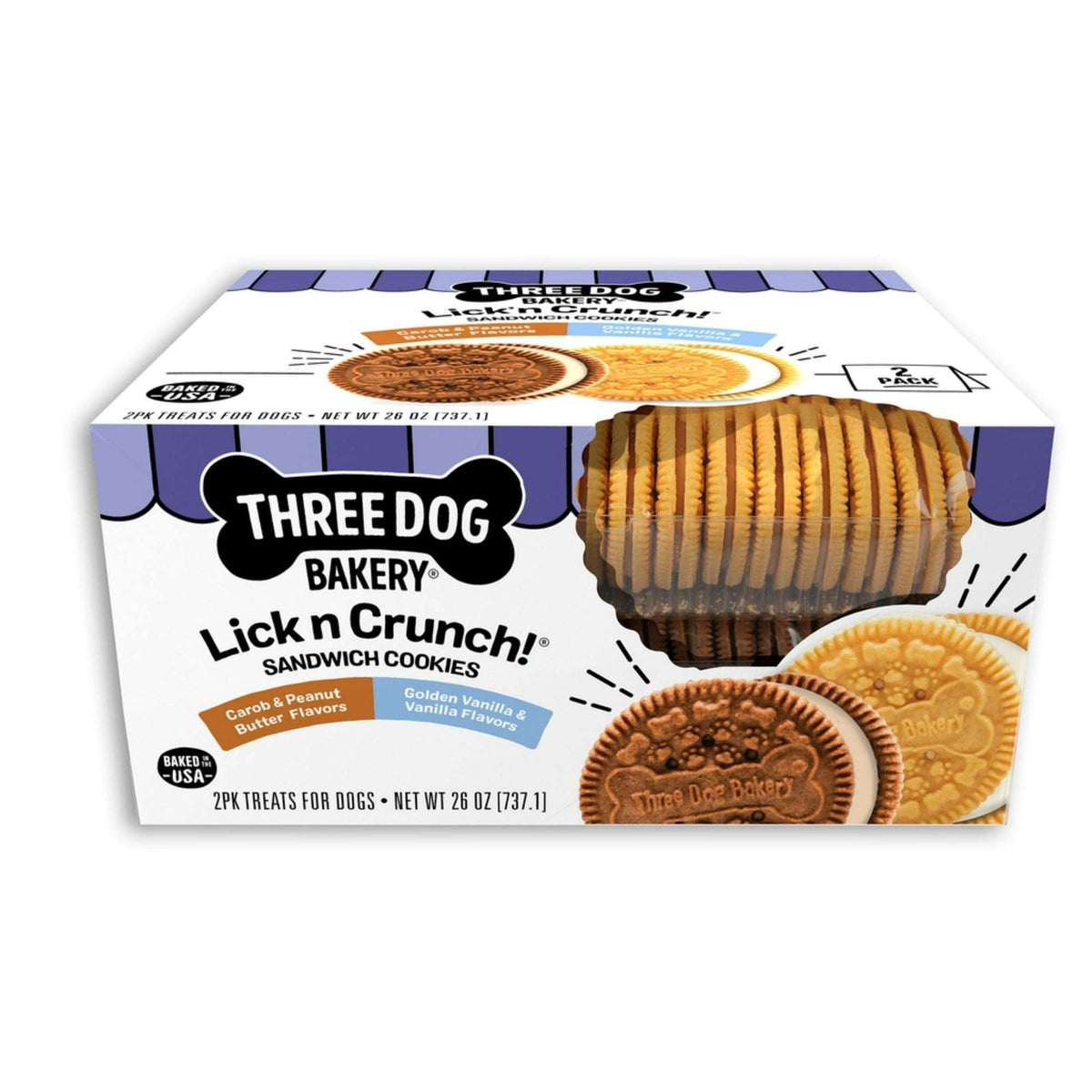Three Dog Bakery Lick'n Crunch Sandwich Cookies, Carob and Peanut Butter and Golden and Vanilla Flavor, Crunchy Dog Treats, 26 oz.