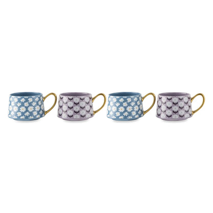 Thyme & Table 4 Pack Blue and Purple Daisy Print Teacup Mugs with Gold Handles 11.8 fl oz, Stoneware
