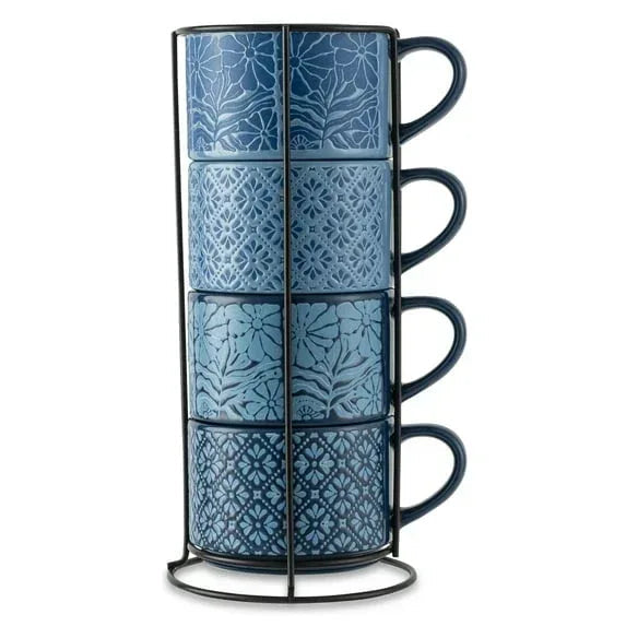 Thyme & Table 11.1 fl oz Blue Flowers and Blue Shapes Stoneware Stacking Mugs with Wire Rack, Set of 4