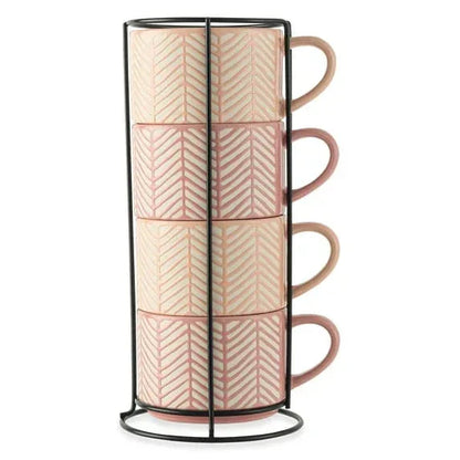Thyme & Table 4 Pack Stacking Mugs, Pink and White Lines 11.1 fl oz, Stoneware
