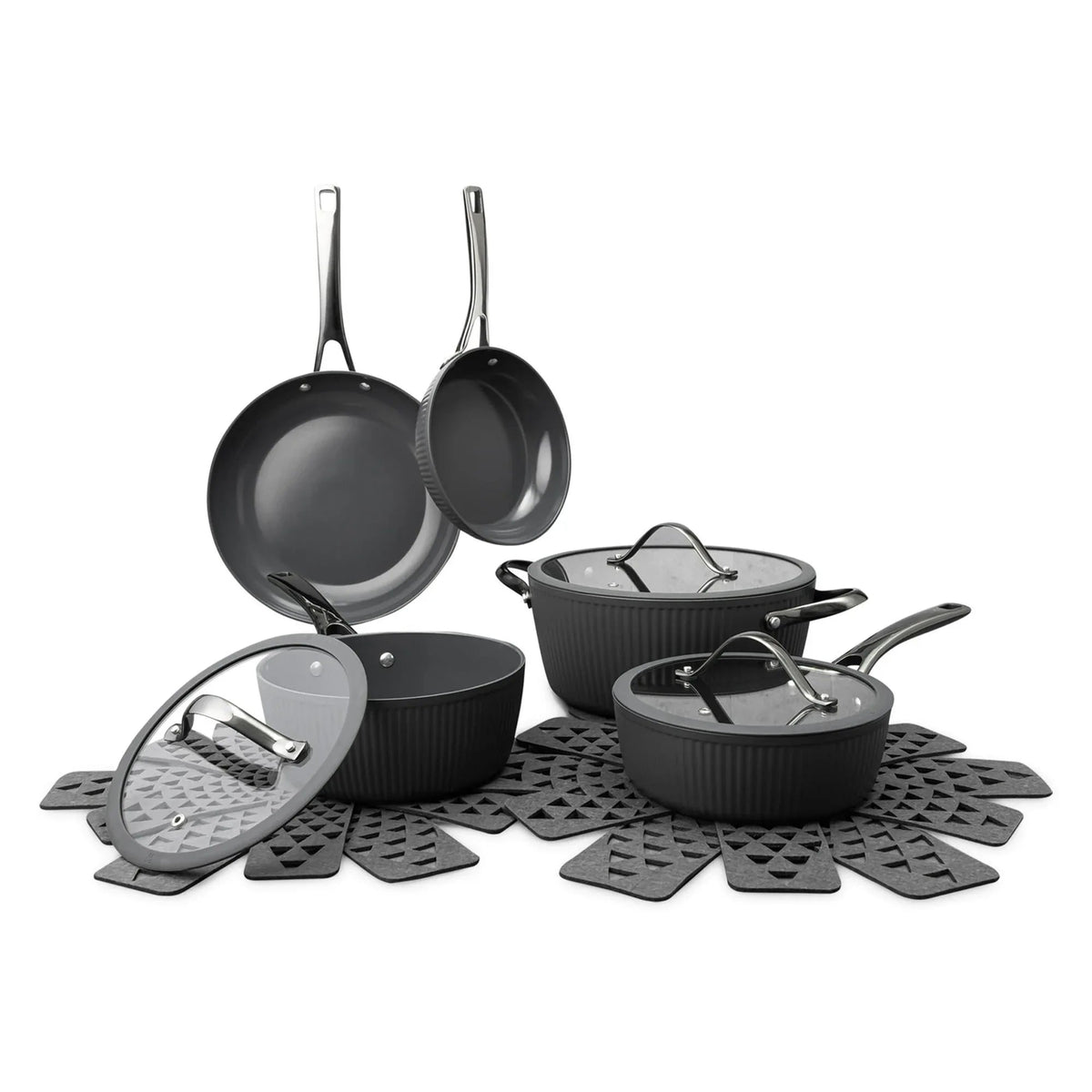 Thyme & Table 12-Piece Ceramic Non-Stick Signature Ribbed Cookware Set, Non-Toxic Pots and Pans Set - Taupe