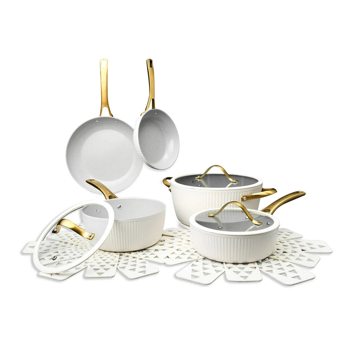 Thyme & Table 12-Piece Ceramic Non-Stick Signature Ribbed Cookware Set, Non-Toxic Pots and Pans Set - Taupe