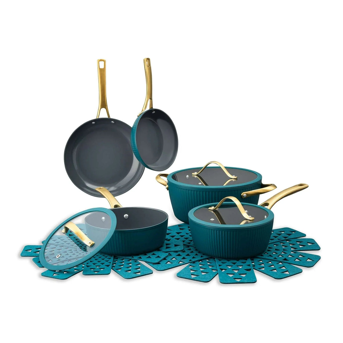 Thyme & Table 12-Piece Ceramic Non-Stick Signature Ribbed Cookware Set, Non-Toxic Pots and Pans Set - Taupe