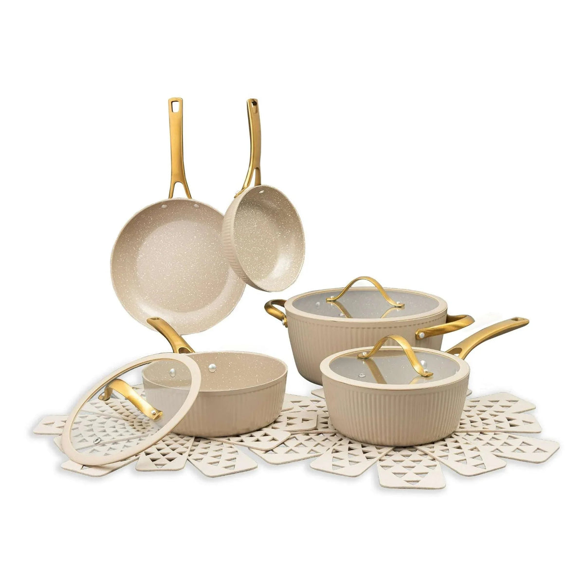 Thyme & Table 12-Piece Ceramic Non-Stick Signature Ribbed Cookware Set, Non-Toxic Pots and Pans Set - Taupe