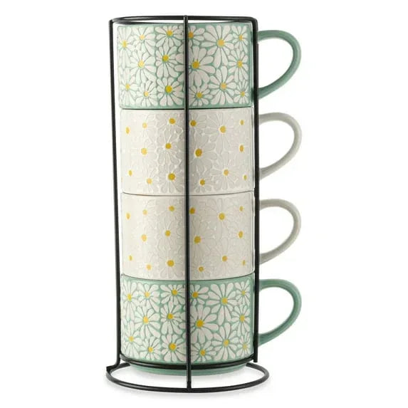 Thyme & Table 11.1 fl oz White and Green Floral Stoneware Stacking Mugs with Wire Rack, Set of 4