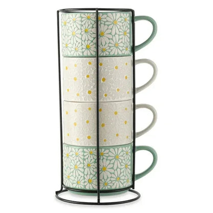 Thyme & Table 11.1 fl oz White and Green Floral Stoneware Stacking Mugs with Wire Rack, Set of 4