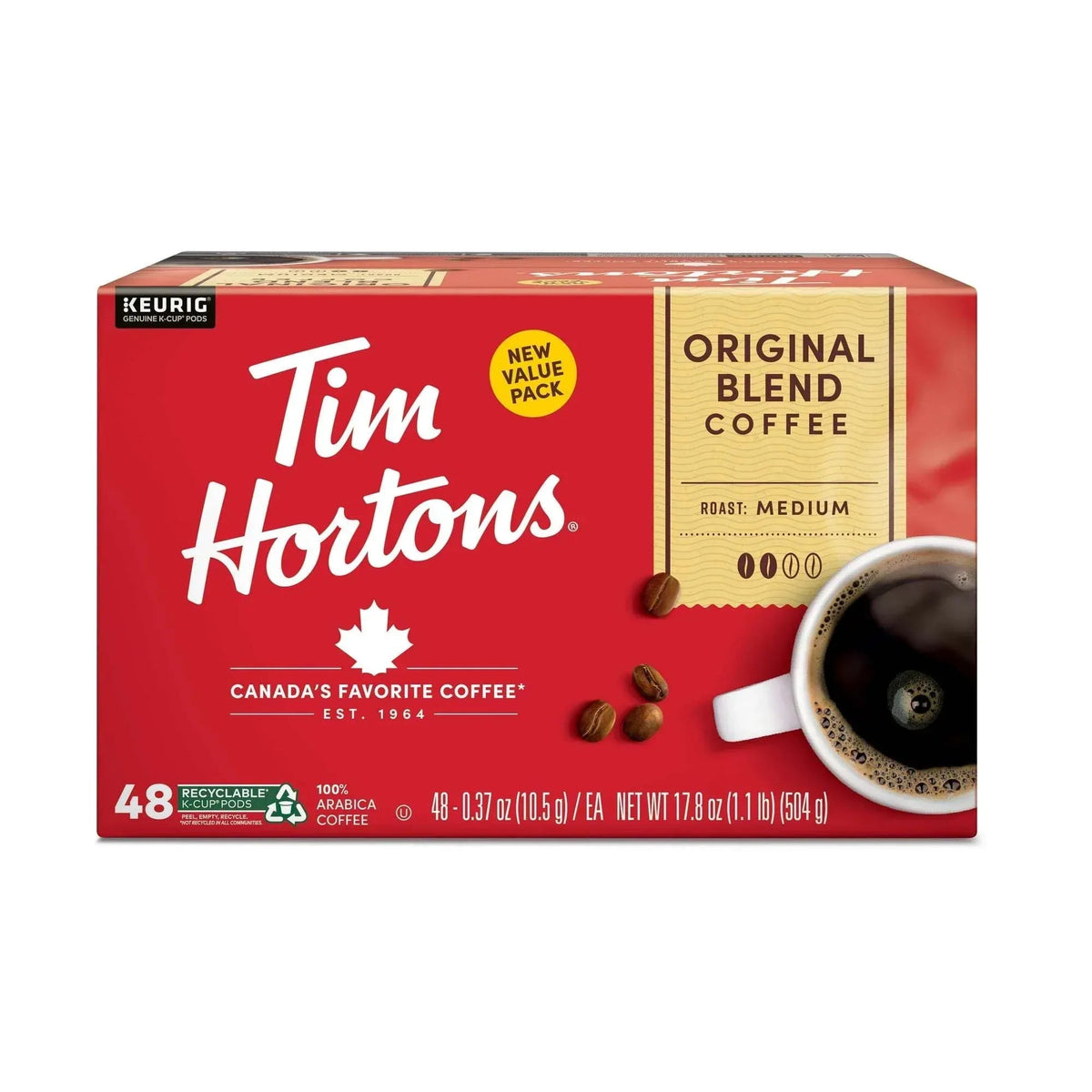 Tim Hortons Original Blend Medium Roast K-Cup Coffee Pods for Keurig Brewers, 72 Ct