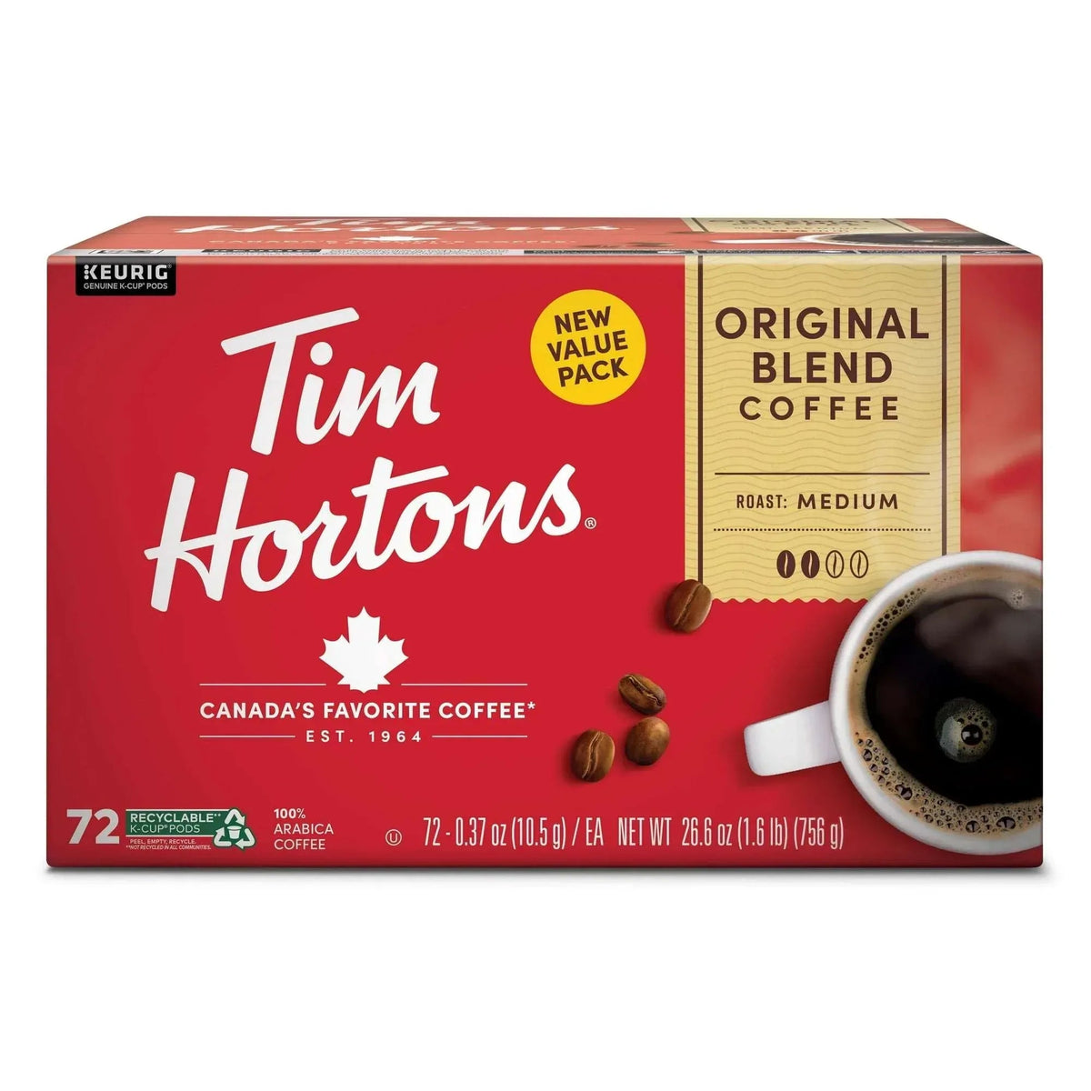 Tim Hortons Original Blend Medium Roast K-Cup Coffee Pods for Keurig Brewers, 72 Ct