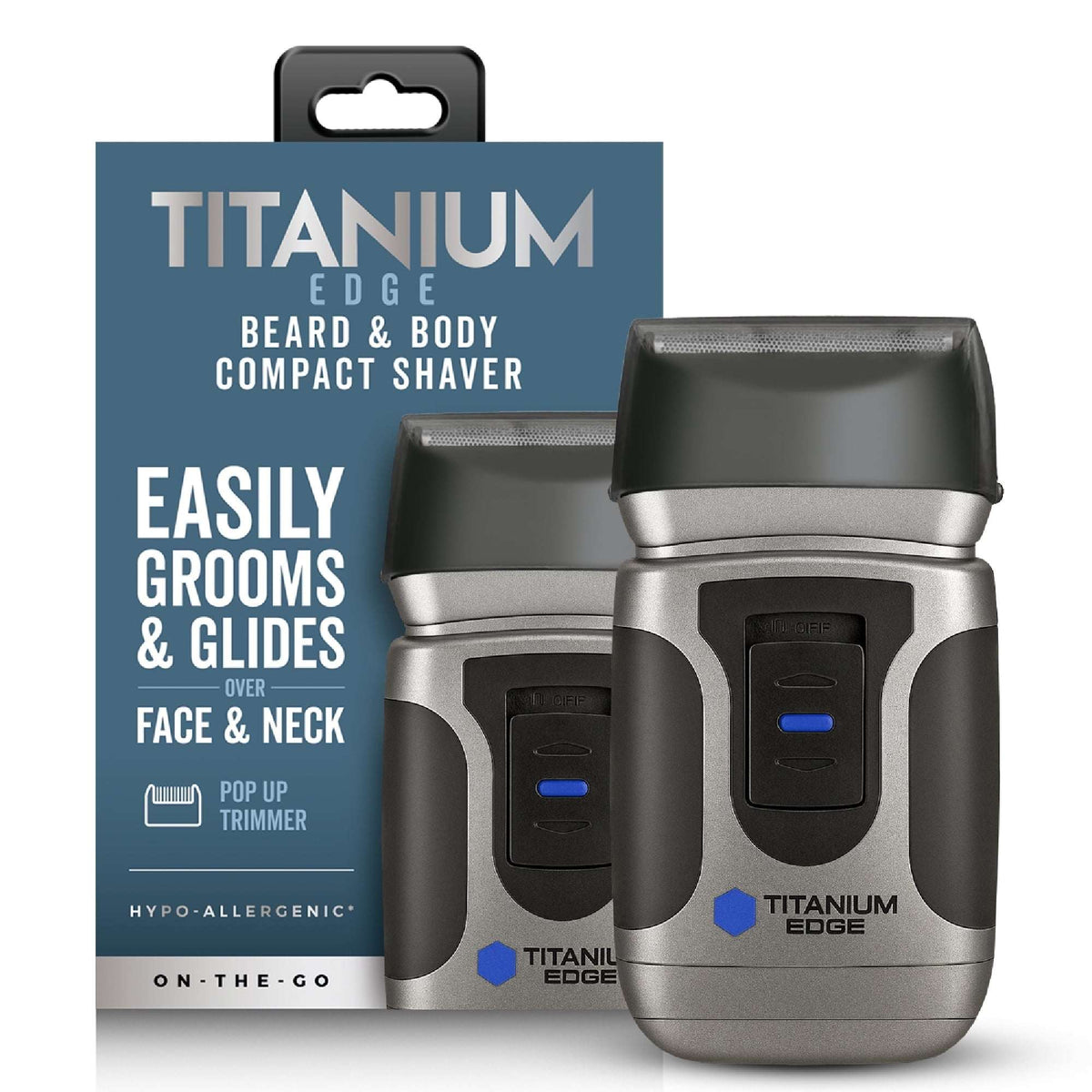 Titanium Edge Beard & Body Compact Shaver – Men’s Electric Groomer for Face, Neck & Body – Pop-Up Trimmer, Titanium Blade, Hypoallergenic, Travel Ready