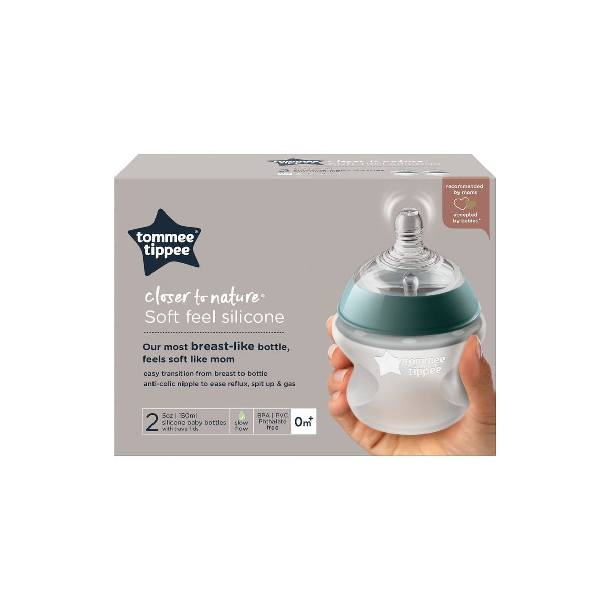 Tommee Tippee Closer to Nature Soft Feel Silicone Baby Bottle, Slow Flow Breast-like Nipple with Anti-Colic Valve, Stain and Odor Resistant, 5oz, 2 Count