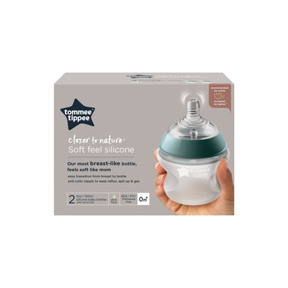 Tommee Tippee Closer to Nature Soft Feel Silicone Baby Bottle, Slow Flow Breast-like Nipple with Anti-Colic Valve, Stain and Odor Resistant, 5oz, 2 Count