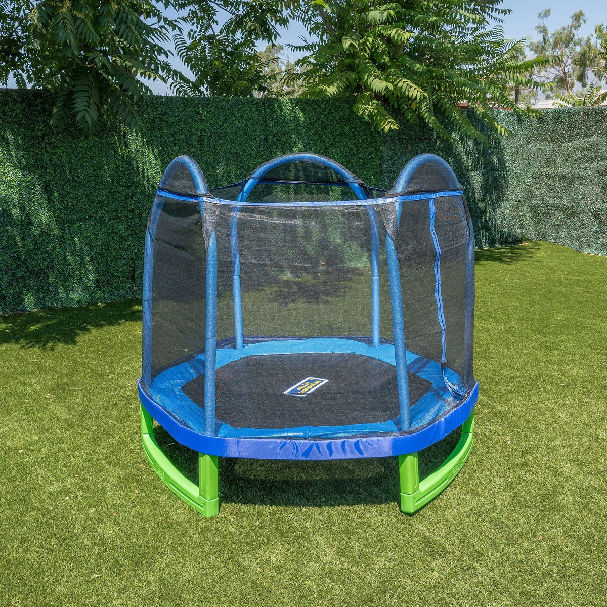 Sportspower My 1st Trampoline 7 ft Trampoline for Kids 3-10 with Blow-Molded Legs and Padded Heavy-Duty Steel Frame, UV-Resistant Safety Enclosure & Jump Mat, Blue & Green, ASTM Safety Certified