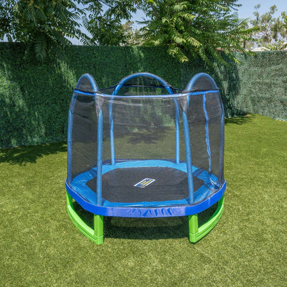 Sportspower My 1st Trampoline 7 ft Trampoline for Kids 3-10 with Blow-Molded Legs and Padded Heavy-Duty Steel Frame, UV-Resistant Safety Enclosure & Jump Mat, Blue & Green, ASTM Safety Certified