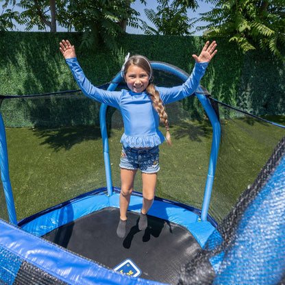 Sportspower My 1st Trampoline 7 ft Trampoline for Kids 3-10 with Blow-Molded Legs and Padded Heavy-Duty Steel Frame, UV-Resistant Safety Enclosure & Jump Mat, Blue & Green, ASTM Safety Certified