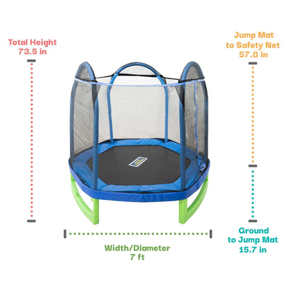 Sportspower My 1st Trampoline 7 ft Trampoline for Kids 3-10 with Blow-Molded Legs and Padded Heavy-Duty Steel Frame, UV-Resistant Safety Enclosure & Jump Mat, Blue & Green, ASTM Safety Certified
