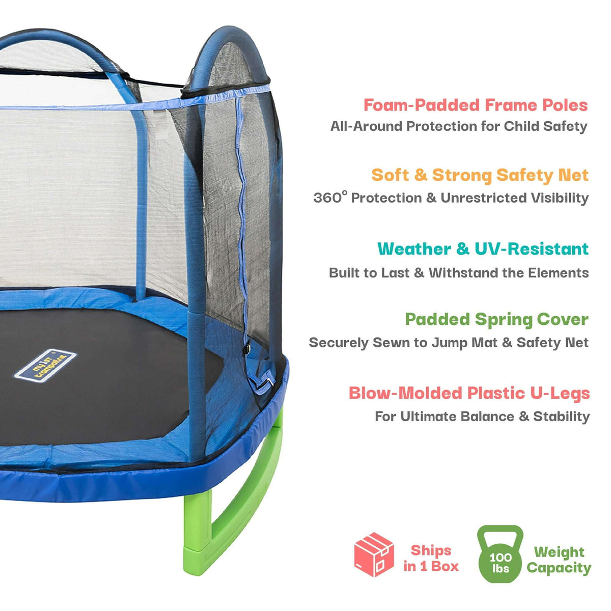 Sportspower My 1st Trampoline 7 ft Trampoline for Kids 3-10 with Blow-Molded Legs and Padded Heavy-Duty Steel Frame, UV-Resistant Safety Enclosure & Jump Mat, Blue & Green, ASTM Safety Certified