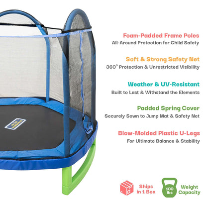 Sportspower My 1st Trampoline 7 ft Trampoline for Kids 3-10 with Blow-Molded Legs and Padded Heavy-Duty Steel Frame, UV-Resistant Safety Enclosure & Jump Mat, Blue & Green, ASTM Safety Certified