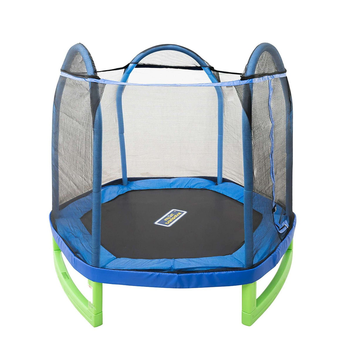 Sportspower My 1st Trampoline 7 ft Trampoline for Kids 3-10 with Blow-Molded Legs and Padded Heavy-Duty Steel Frame, UV-Resistant Safety Enclosure & Jump Mat, Blue & Green, ASTM Safety Certified