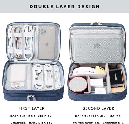 Travel Digital Electronics Accessories Case, Waterproof, Double-Layer, Cable Organizer Bag for USB Drives, Chargers, Memory Cards (Blue)