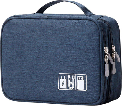 Travel Digital Electronics Accessories Case, Waterproof, Double-Layer, Cable Organizer Bag for USB Drives, Chargers, Memory Cards (Blue)
