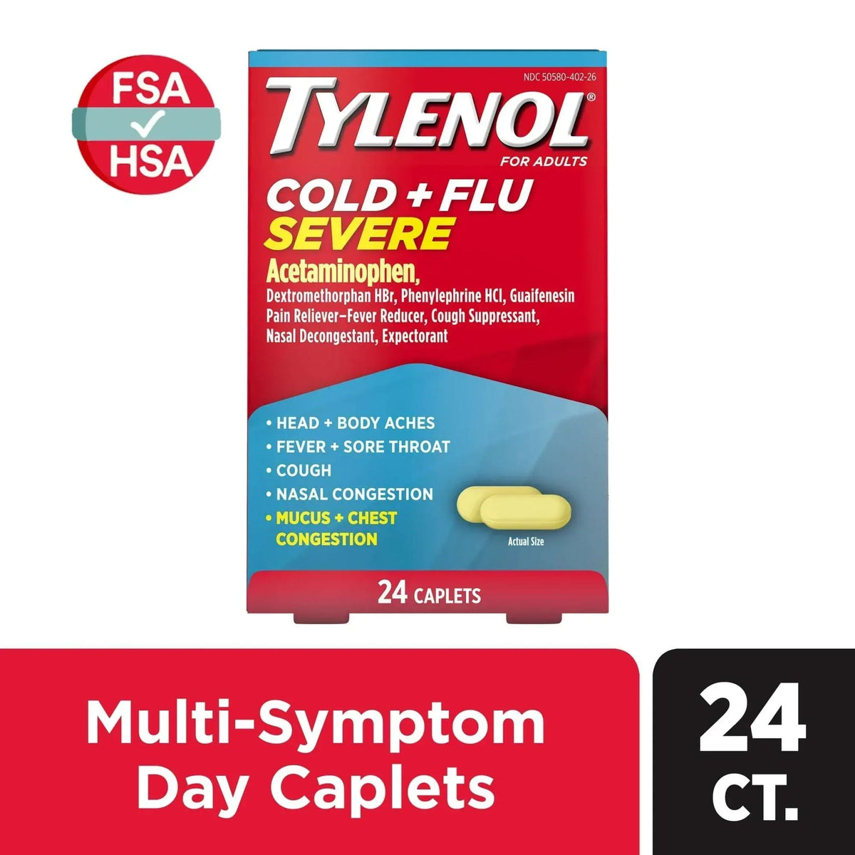 Tylenol Severe Multi-Symptom Caplets, Acetaminophen-Based Pain Reliever & Fever Reducer, 24 Count