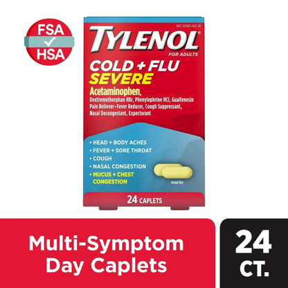 Tylenol Severe Multi-Symptom Caplets, Acetaminophen-Based Pain Reliever & Fever Reducer, 24 Count
