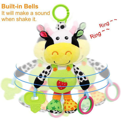 UISHUSO car seat toy with 24 kinds of music and teether, soft plush rattle, early development of hanging stroller toys, suitable for gifts (cows)