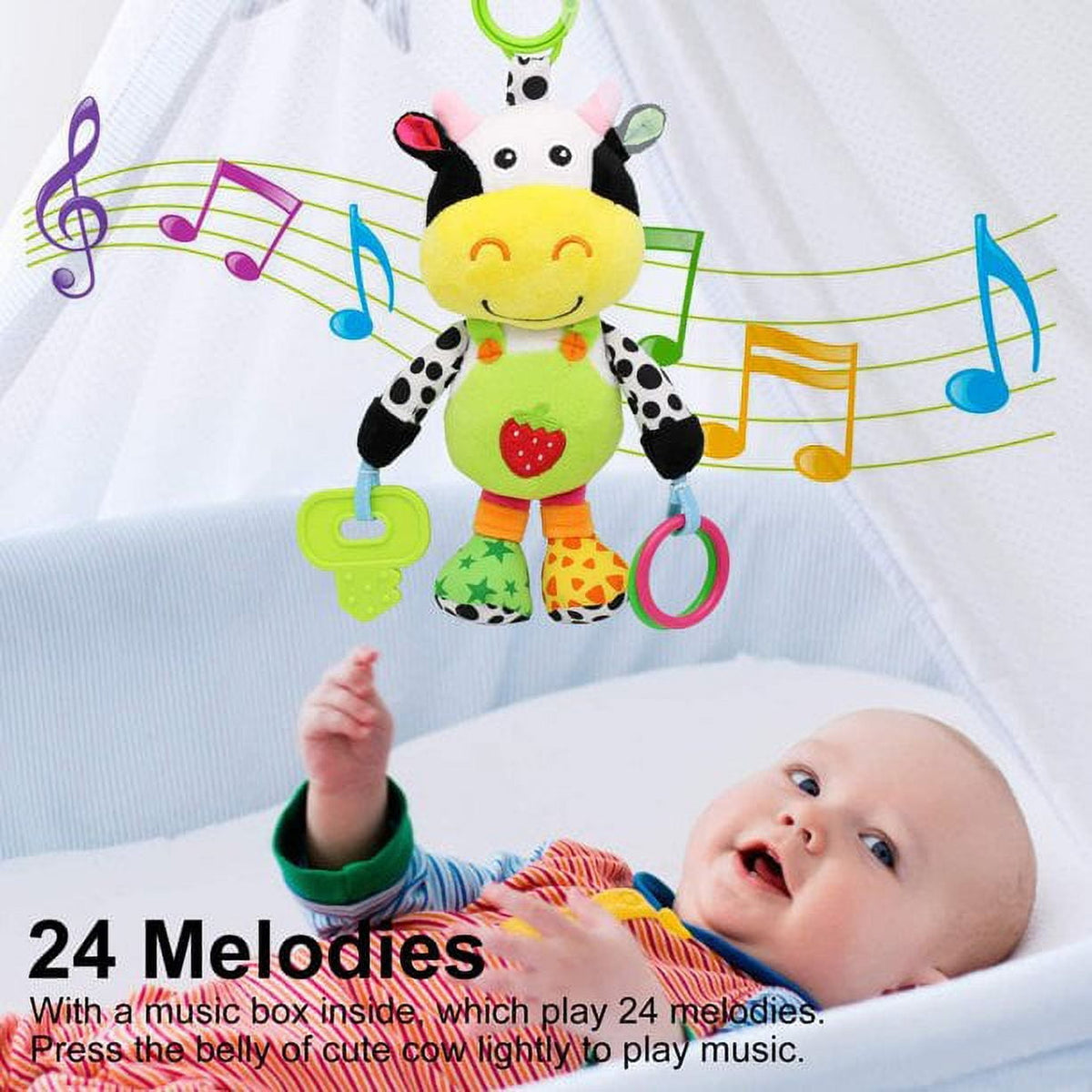 UISHUSO car seat toy with 24 kinds of music and teether, soft plush rattle, early development of hanging stroller toys, suitable for gifts (cows)