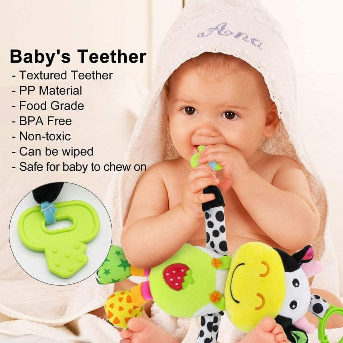 UISHUSO car seat toy with 24 kinds of music and teether, soft plush rattle, early development of hanging stroller toys, suitable for gifts (cows)