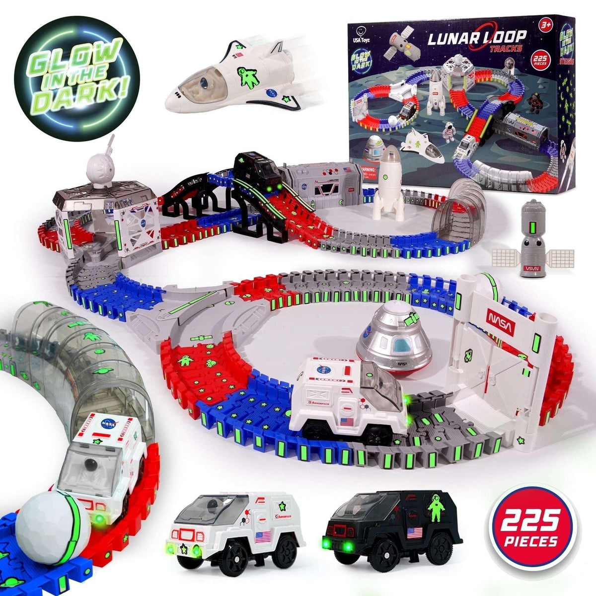 USA Toyz Dinosaur Dash Track 6 Dinosaurs LED Dino Car STEM Set Toy 225 Piece Tracks for Kids Ages 3+