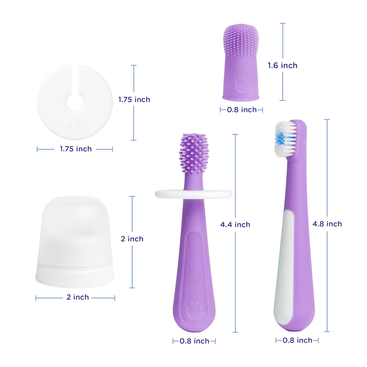 Ubbi 3 pcs Toothbrush Training Set for Babies and Toddlers, Includes Silicone Finger Brush, 360° and Soft Bristled Toothbrush, Smoothie Purple