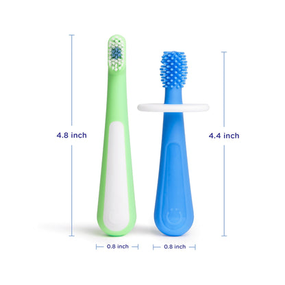 Ubbi Babies and Toddlers Training Toothbrush, Includes One 360° Food-Grade Platinum Silicone and One Soft Bristled Toothbrush, Polaris Blue and Zest Green